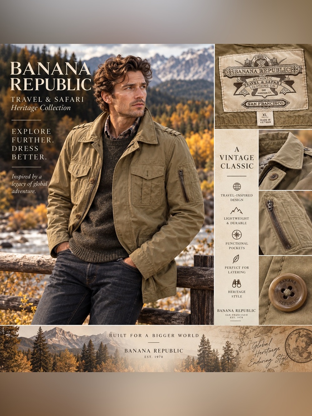 Banana Republic Men's Travel-Safari Field Jacket - Khaki Green